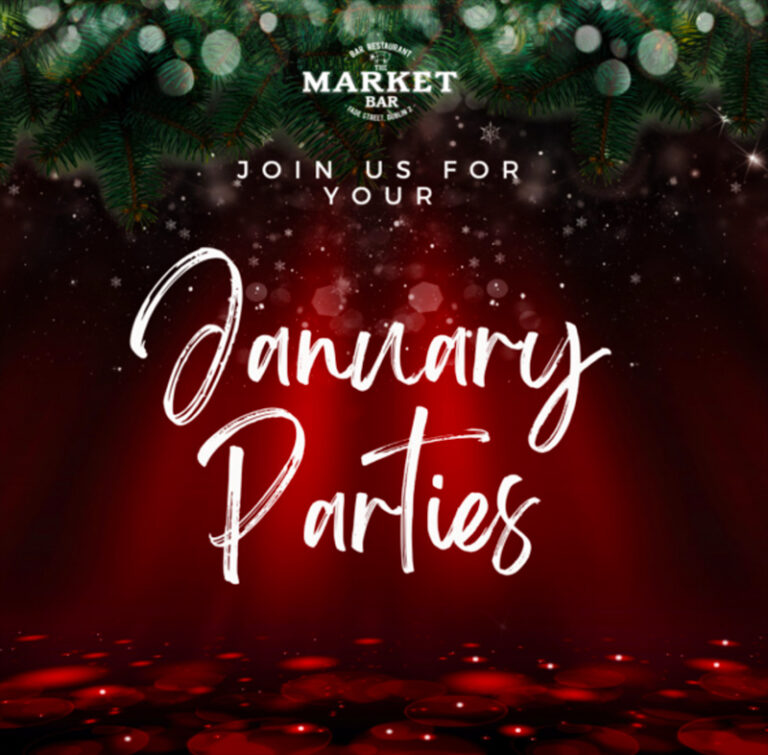 January party booking flyer featuring red and green festive design.