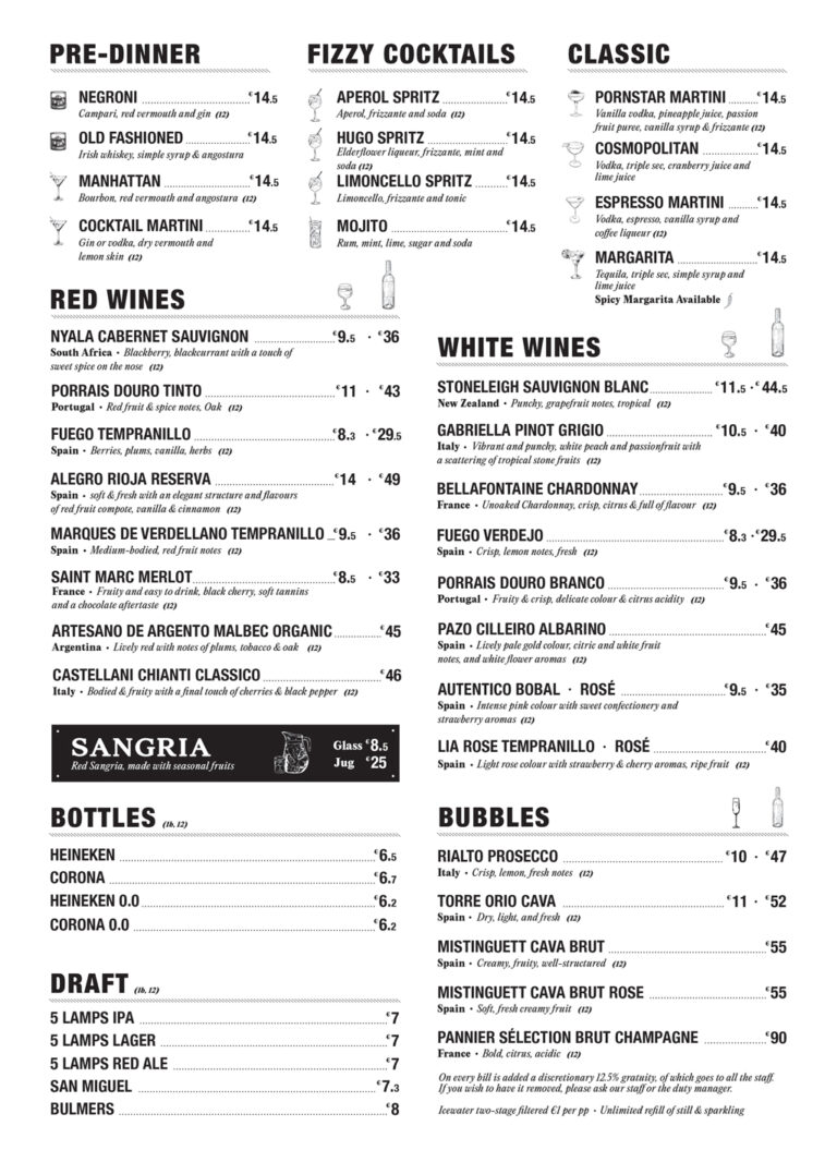 The drinks Menu Includes Pre-Dinner Drinks, Fizzy Cocktails, classic drinks such as Cosmopolitans and Margaritas, and Bottled Beer And Wine.