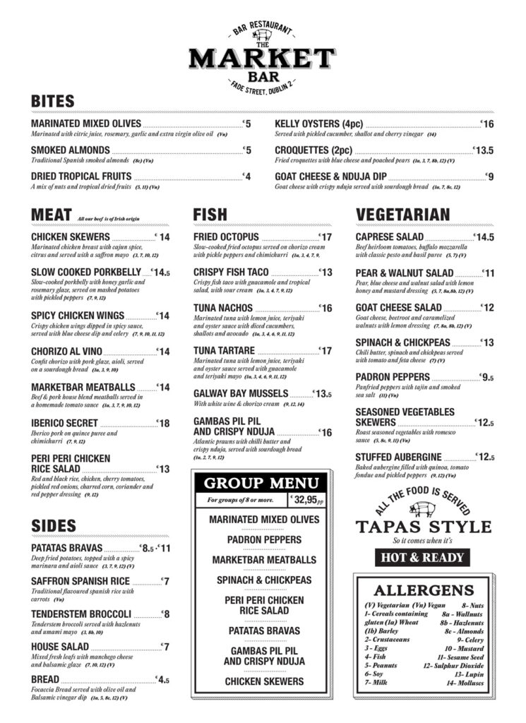 Spanish Tapas Menu for the Market Bar in Dublin City. Menu items include Meat, Fish and Vegetarian Options.