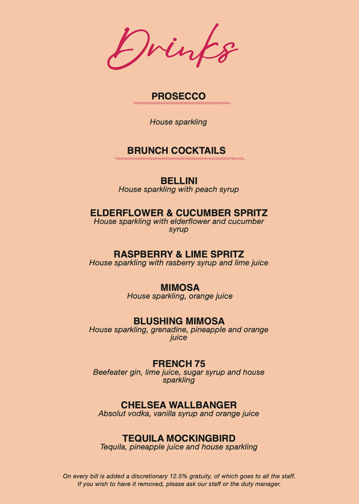 Bottomless Brunch Cocktail Menu Options at the Market Bar Group on Fade Street Dublin City Centre.