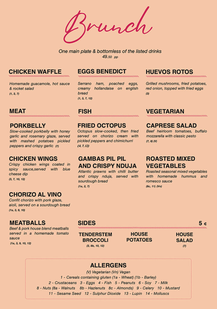 Bottomless Brunch Food Menu Options at the Market Bar Group on Fade Street Dublin City Centre.