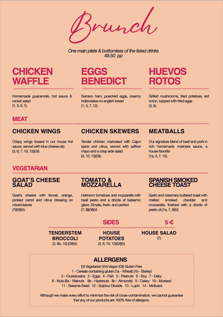 Bottomless Brunch Food Menu Options at the Market Bar Group on Fade Street Dublin City Centre.